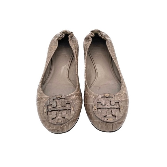 Tory Burch Shoes - Tory Burch Croc Embossed Leather Reva Scrunch Ballet Flats Beige
